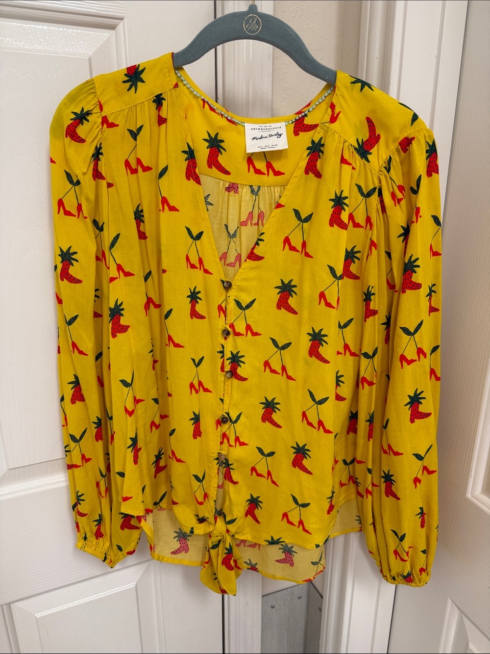 Anthropologie Kendra Dandy Yellow Button Front Blouse with Red Chili Print